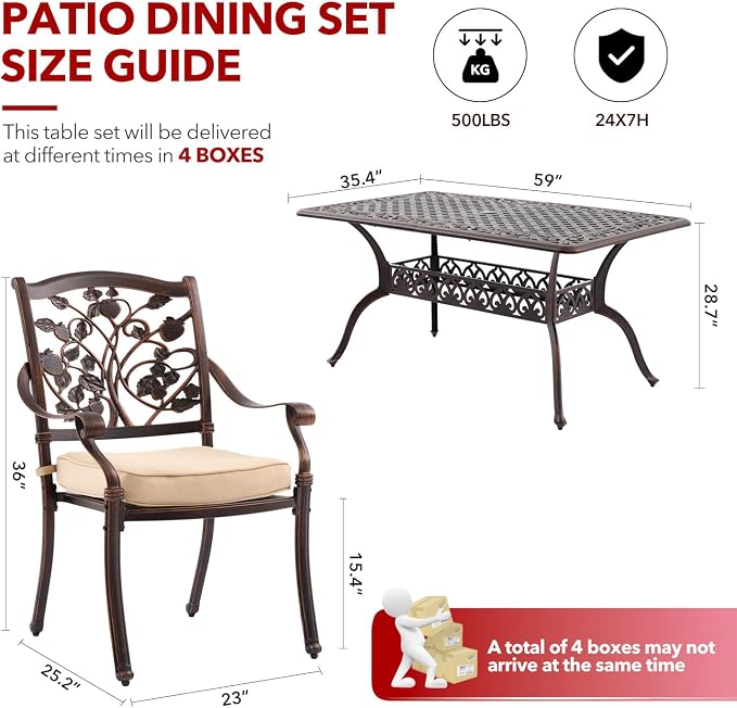 7 Piece Strawberry Outdoor Dining Set Cast Aluminum Retro Patio Dining Set for 6 Includes 59” Rectangular Table and 6 Chairs with Thicker Cushions and Umbrella Hole for Patio Deck Garden