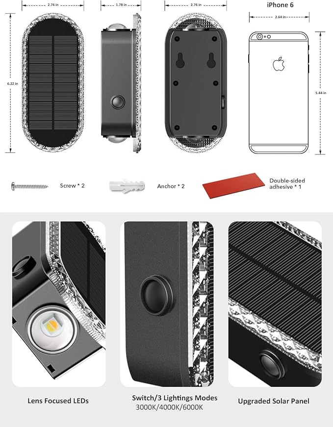 Solar Fence Lights Outdoor, 3000K/4000K/6000K 3 Modes Solar Wall Lights Outdoor Waterproof, Up&Down Dual-Head Outdoor Solar Lights for Yard House Fence Backyard Deck Garden Patio Porch, 6 PK