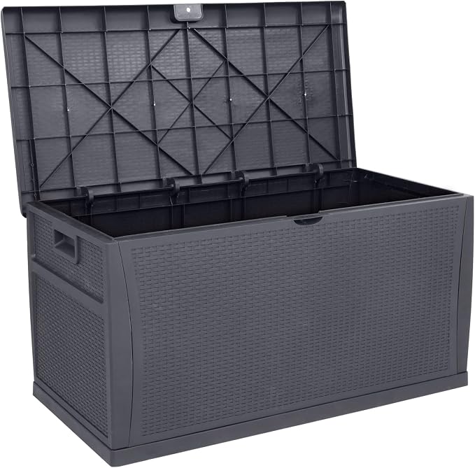 VINGLI 120 Gallon Large Deck Box Outdoor Storage Box with Lid, Plastic Patio Furniture Container Bin Rattan Grain Surface for Cushions Books Garden Tools Pool Accessories (Grey)