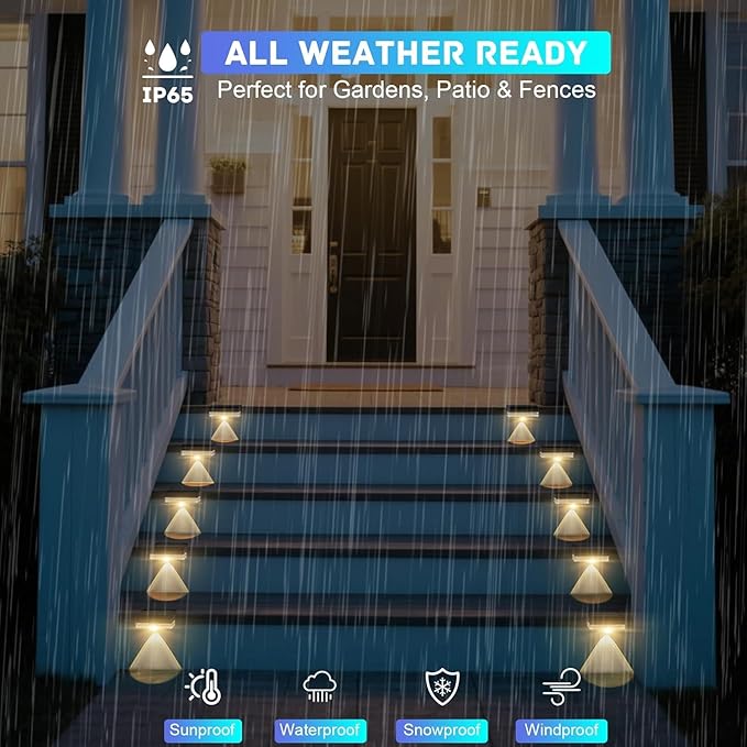 AGOTD Solar Fence Lights Outdoor, 8 Pack Fence Light Solar Powered Wall Lighting, Deck Lights Waterproof Led for Outside, Garden, Backyard, Patio, Pathway, Railing, Pool, Stairs, Step, Warm White