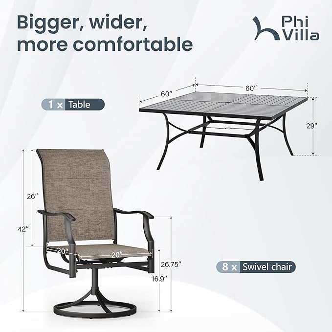 PHI VILLA 9 Pcs Patio Dining Set with Large Square Metal Dining Table & 8 High Back Padded Outdoor Swivel Dining Chairs, Outside Table Chair Furniture Dining Set for 8 Person