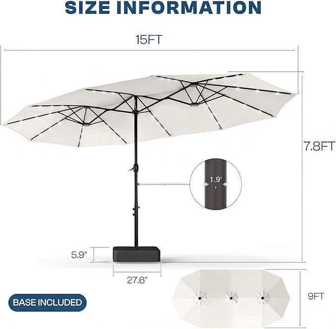 15FT Large Outdoor Patio Umbrella with Solar Lights and Base, Double-Sided Table Umbrellas with 48 LED Lights, Rectangle Market Umbrella for Pool, Deck, Backyard