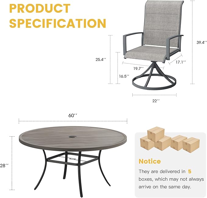 VICLLAX Outdoor Dining Set for 8, Outdoor Furniture Includes 60" Round Patio Table and Swivel Padded Chairs, Grey Wood Grain Tabletop and Grey Fabric