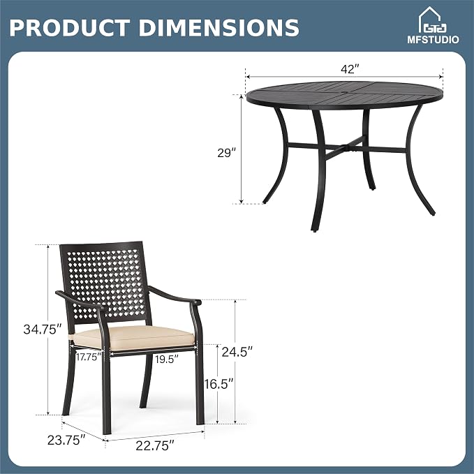 MFSTUDIO Round Patio Table and Chairs,Metal Outdoor Dining Set for 4 with Umbrella Hole, 5 Piece Patio Furniture Set for Deck, Backyard, Poolside & Garden
