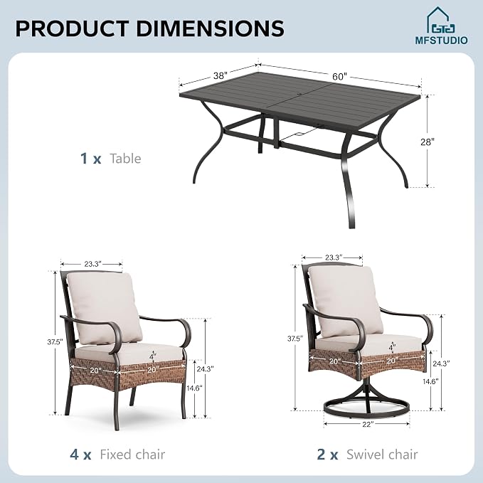 MFSTUDIO Outdoor Patio Dining Set for 6, Outdoor Table and Chairs for 6, Rectangular Metal Table with 2 Swivel Chairs & 4 Leg Chairs, 7 Pieces Patio Dining Furniture Set, 1.6-2'' Umbrella Hole