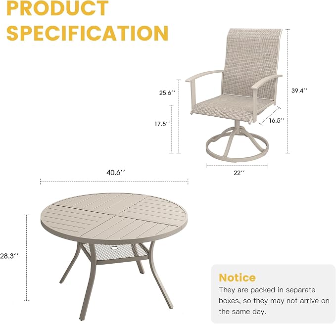 VICLLAX Outdoor Table and Chairs Set of 4, Metal Patio Dining Set-40.7" Round Dining Table and 4 Swivel Chairs for Deck, Lawn and Garden, Sandshell Color