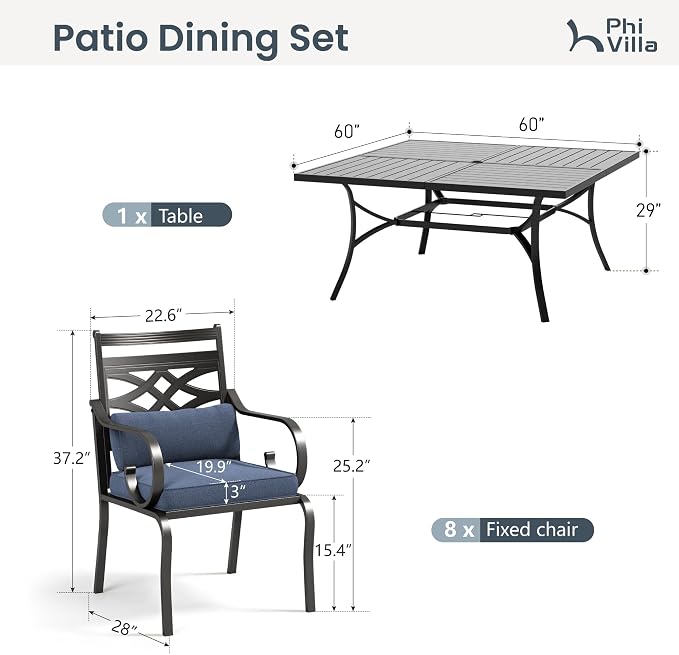 PHI VILLA 9 Piece, Outdoor Dining Set, 57.5" Square Table, Umbrella Hole | Wrought Iron, Iron Chairs, Cushions, Black & Blue, Weather-Resistant