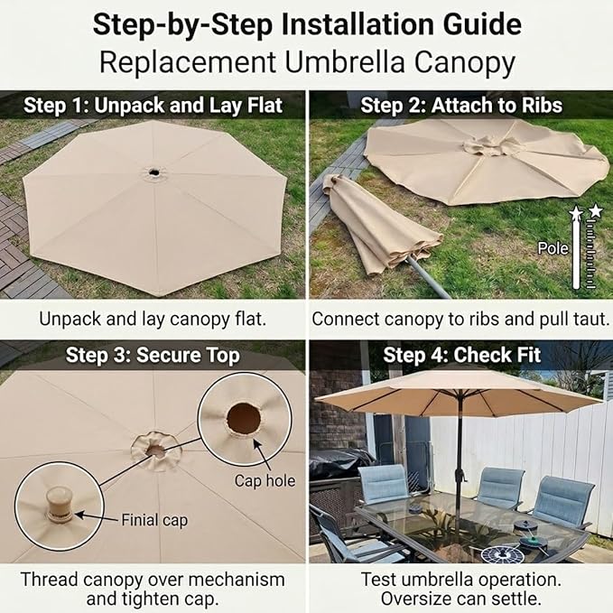 Outdoor Umbrella Replacement Canopy, Patio Umbrella Replacement Top Cover, Outdoor Umbrella Replacement Cloth, 6.5-13.1ft Waterproof UV-Resistant Fabric, for Garden Pool, Canopy Only