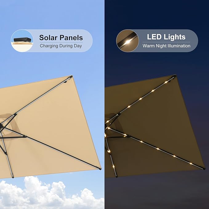 PURPLE LEAF 5' x 8' Rectangular Patio Umbrella with Solar LED Outdoor Table Umbrella Aluminum Frame Market Umbrella Sun Umbrella for Garden Deck Lawn Pool Beige