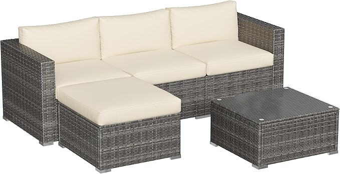 SUNVIVI OUTDOOR Outdoor Patio Furniture Set, 5 Piece Patio Conversation Set, Waterproof Wicker Patio Furniture Set, All Weather Combination Patio Conversation Sets with Cushions and Glass Table, Beige