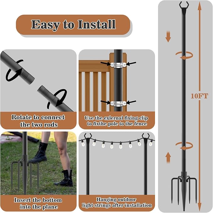 NUERPO String Light Poles,Metal Poles for Hanging Outdoor Light Strings,2 Pack 10 FT Light Poles Stand for Outside Garden,Patio,Wedding,Backyard,Deck,Party