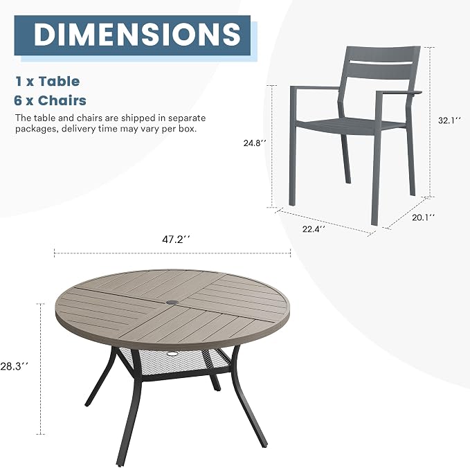 DIFY 7 Piece Outdoor Patio Dining Set for 6, 47.2" Round Dining Table with Umbrella Hole and Stackable Metal Chairs, Patio Table and Chairs Set for Backyard Garden Poolside, Grey Wood-Like & Grey