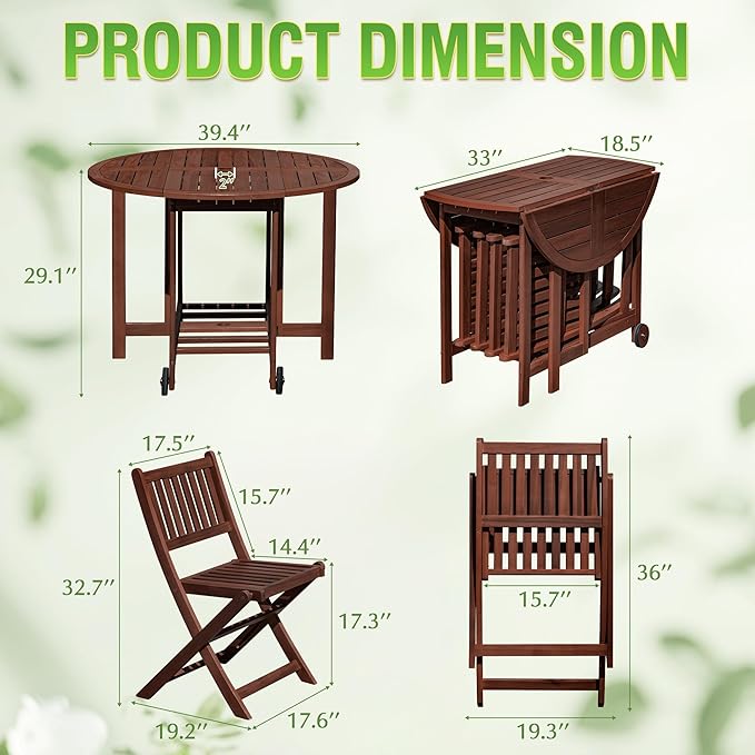 Greesum 5 Piece Patio Dining Set Outdoor Acacia Wood Furniture All-Weather Folding Round Table and Chairs for Backyard, Balcony, Porch, Deck, Garden, Dark Brown