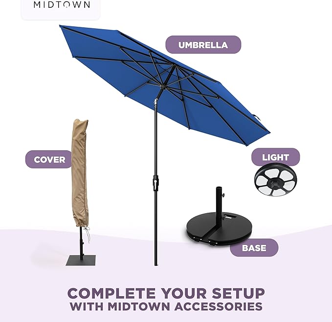 Midtown Umbrellas – The Swilt 10 Ft Patio Umbrella with 360° Swivel & Tilt Mechanism, Sunbrella Fabric & 8 Fiberglass Ribs – Outdoor Umbrella for Deck, Pool & Cafes – Dark Blue Canopy, Black Pole