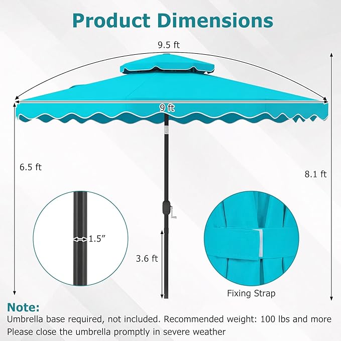 Happygrill 9 FT Patio Umbrella, Scalloped Outdoor Table Market Umbrella with Push Button Tilt & Crank, 2-Tier Vented Top, Heavy-Duty 8 Metal Ribs, Sun-Protective Canopy, Ruffle for Deck Pool Garden (Turquoise)