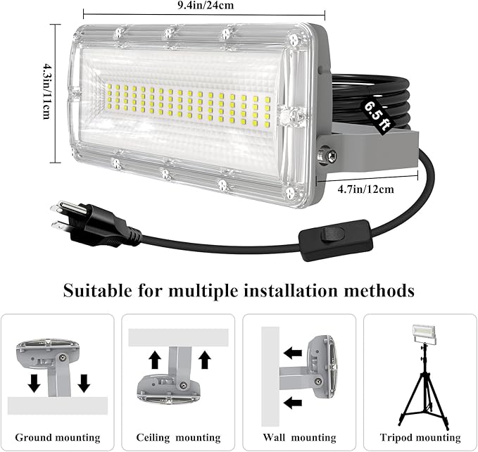 50W LED Flood Light, 7000LM LED Work Lights with Plug & Switch & 6.5 FT Cord, 6500K Security Light Outside, IP67 Waterproof Outdoor Floodlights with 6KV Surge Protection for Garden