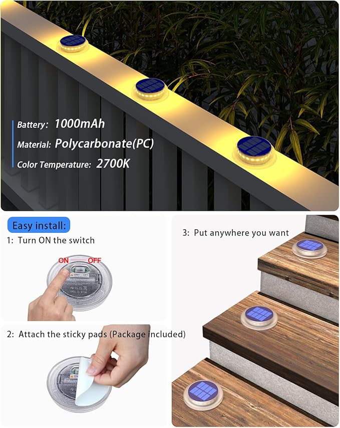 DetarZinLED Solar Step Lights Outdoor Waterproof, 4 Pack Warm White Flat Lights Solar Powered for Outside Stair, Deck, Dock, Pathway, Driveway, Ground