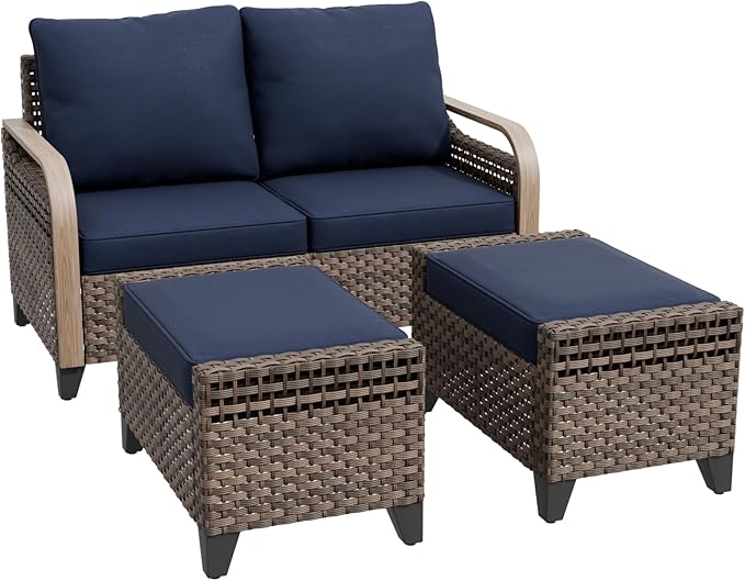 Modern Wicker Patio Furniture Set, Rattan Outdoor Conversation Set with Comfortable Cushions, 2 Seat Loveseat and 2 Ottomans, 3 Pieces, Brown/Blue