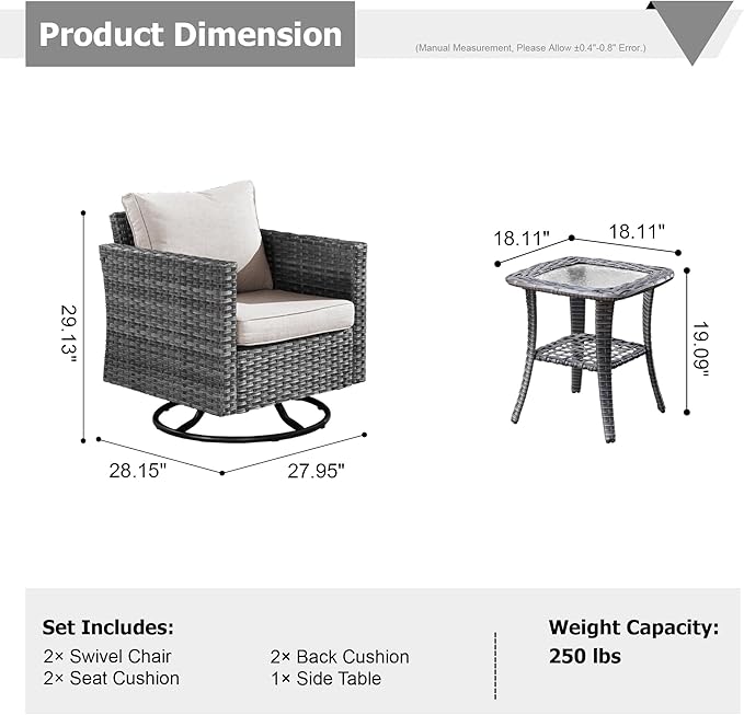HOOOWOOO Wicker Outdoor Swivel Bistro Set for 2,3 Piece Patio Rocking Chairs and Table,All Weather Resistant Outside Out Door Rattan Rockers Furniture Set,Beige