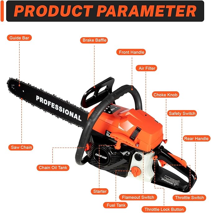 20 Inch Chainsaw Gas Powered, 58cc 2 Stroke Chain Saw,High Hardness Guide And Sharp Chain, Handle Gasoline Chainsaw Handheld Cordless Petrol Chain Saws For Forest, Wood, Garden And Farm Cutting Use