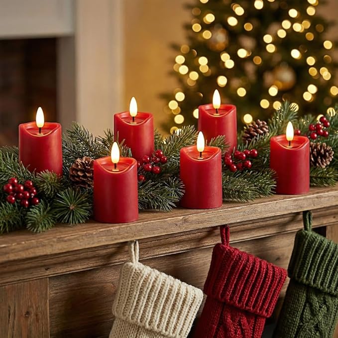 Simplelight Red Flameless Votive Candles with Timer, Realistic Black Wick Valentine’s Day Candles Battery Operated, Battery Included, D 1.8” X H 3.1”, Set of 6 for Wedding, Christmas Decoration (Red)