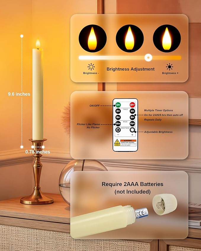 Homemory 6 Pcs Wax Flameless Taper Candles with Remote Timer and Dimmer, LED Candle Sticks with Flickering Light, Ivory Battery Operated Window Candles, 9.6 Inches for Wedding Home Indoor Decoration