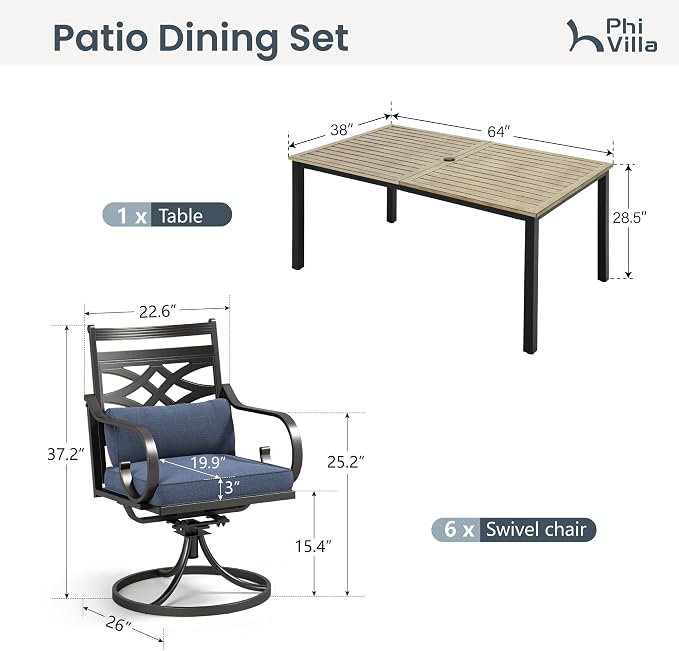 PHI VILLA Patio Dining Set, Swivel Chairs, Metal Table | Metal chairs, Blue Cushion, Umbrella Hole, Cushions, E-coated