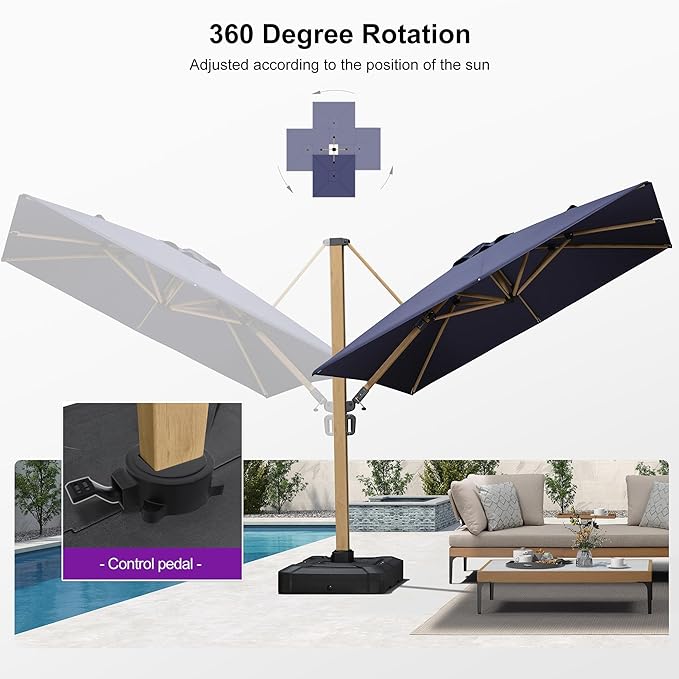 PURPLE LEAF 9FT Patio Umbrella Square Cantilever Umbrella Teak Finished Aluminum Frame Large Windproof Offset Outdoor Sun Umbrellas for Beach Pool Deck, Navy Blue