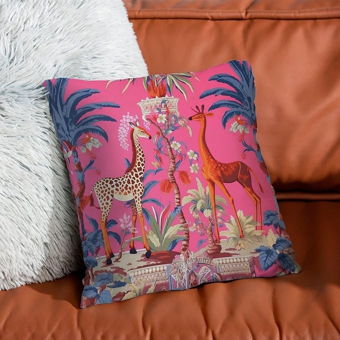 Pillowcase Animal Pink Chinoiserie Cushion Cover Rustic Thailand Giraffe Jungle Pillow Cover Accent Farmhouse Decor Pillow for Couch Sofa Bedroom Car 22x22 in
