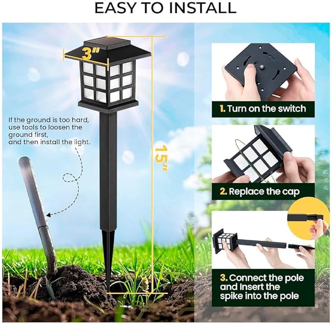 HOUSEOFLED 12 Pack Black Solar LED Path Lights, Outdoor, Garden, Patio, Pathway, Waterproof, Modern Style, 8 Hours of Lighting