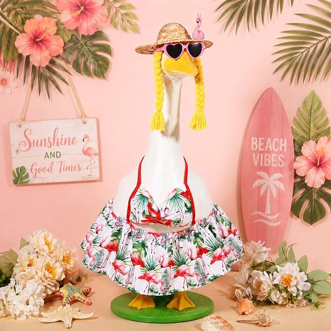 JcHrmers Bikini Goose Outfit Summer Flamingo Porch Goose Outfits Hawaiian Lawn Goose Clothes Fits 23" Cement Plastic Goose Statue for Summer Outdoor Garden Yard Patio Art Decor