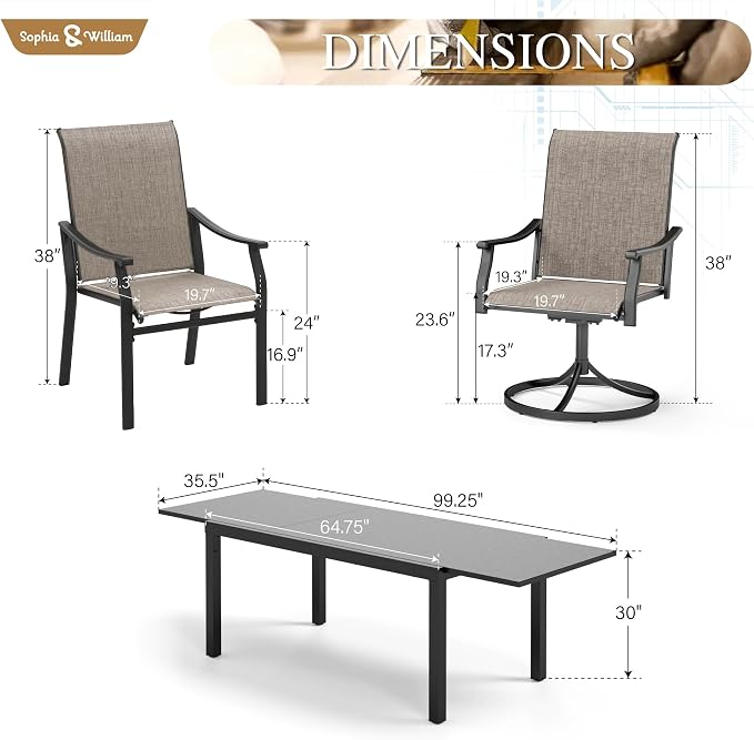 Sophia & William Patio Dining Set for 6, 4 x Patio Dining Chairs and 2 x Swivel Dining Chairs, Large 99" Outdoor Dining Table and Chairs for Lawn, Garden