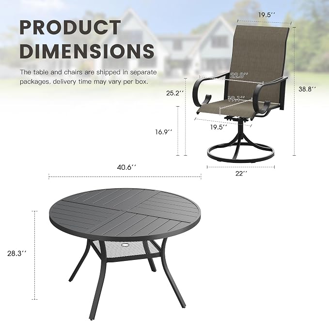 5 Pieces Patio Dining Set, 4 Outdoor Swivel Dining Chairs with 40.7" Round Metal Outdoor Dining Table with Umbrella Hole for Garden Backyard Deck, Mixed Brown & Black