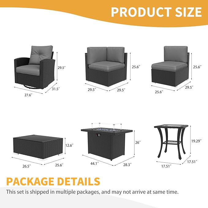 LayinSun 9 Pieces Patio Furniture Set with Fire Pit Table, Black Rattan Modular Sectional Outdoor Conversation Sofa Set, Swivel Rocking Chairs Set