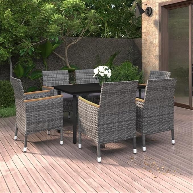 Afuera Living 7-Piece Patio Dining Set, Rectangular Glass Table, Powder-Coated Steel Frame, Weatherproof PE Rattan Chairs, Gray Cushions, Black/Gray Finish, Outdoor Garden, Terrace, or Patio Furniture