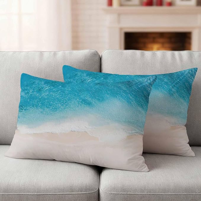Pack of 2 Blue Beach Coastal Outdoor Pillow Covers Decorative, Ocean Seaside Waterproof Pillow Protector, Summer Nautical Lumbar Throw Pillowcases for Patio Couch Sofa Home Decor 20"x12"