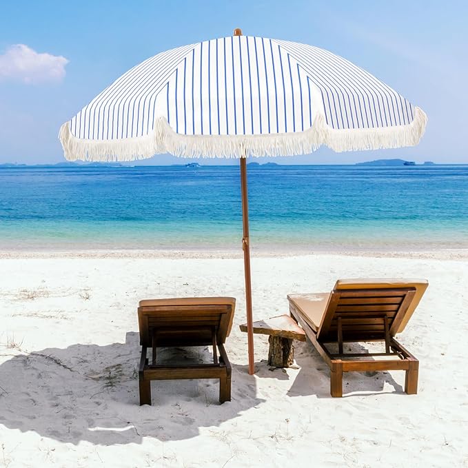 Aoxun 7ft Patio Umbrella with Fringe,Outdoor Beach Umbrella with Aluminum Pole, Ribs Push Button Tilt and Carry Bag, UV 50+ Picnic Tassel Umbrella (Blue&White)