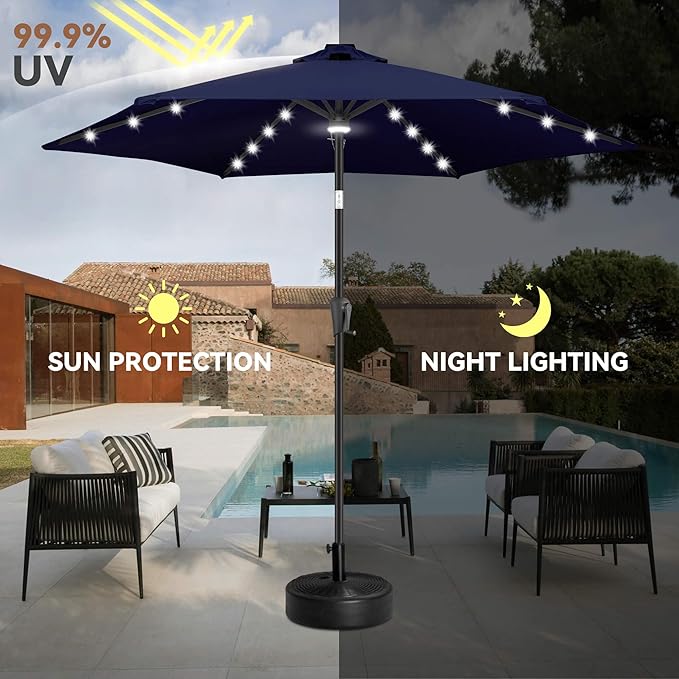 10ft Solar Patio Umbrella - Outdoor Umbrella with Centre Surround Light 24 LED Lights, Market Table Umbrella with Tilt for Pool, Porch, Garden, Deck, Backyard UV Protection (Navy Blue)