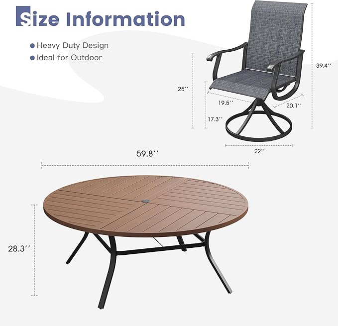VICLLAX 9 Pieces Patio Dining Set, Patio Furniture Set of 8 Patio Swivel Dining Chairs and 60" Patio Spliced Round Tabletop, Dark Charcoal Chairs & Walnut Tabletop
