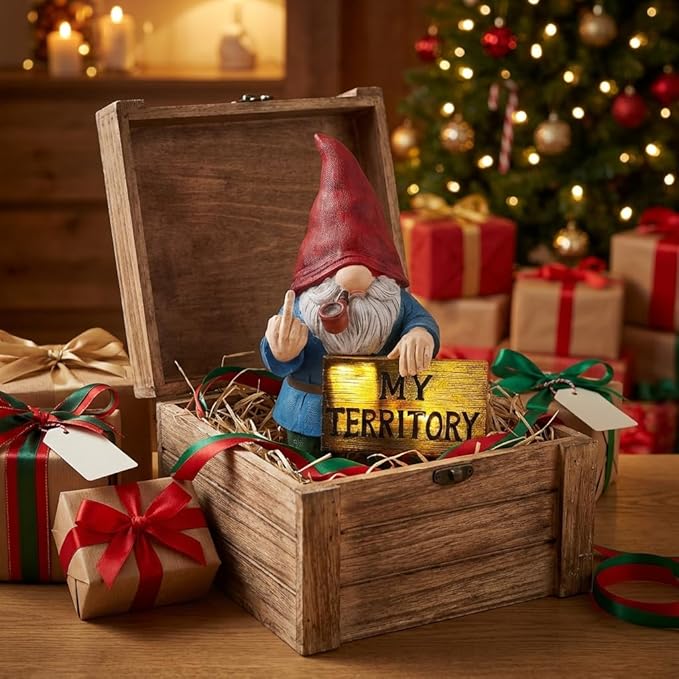 Lavezee Funny Garden Gnome, Middle Finger Gnomes Statue with Solar Lighted Sign – “My Territory” for Patio Backyard Porch Outdoor, Humorous Housewarming Gifts for Men Dad Husband