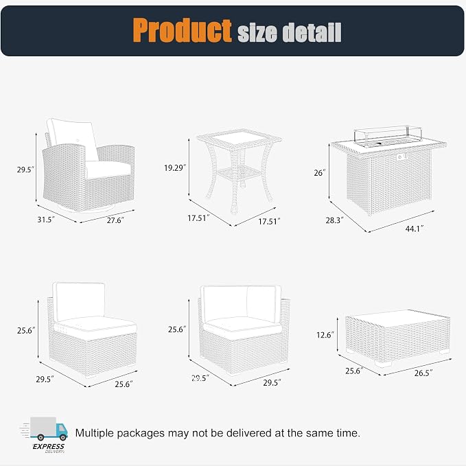 Patio Furniture Set with Fire Pit Table, 15 Pieces Outdoor All-Weather Wicker Conversation Sectional Chair Sofa Set with 4 Swivel Chairs