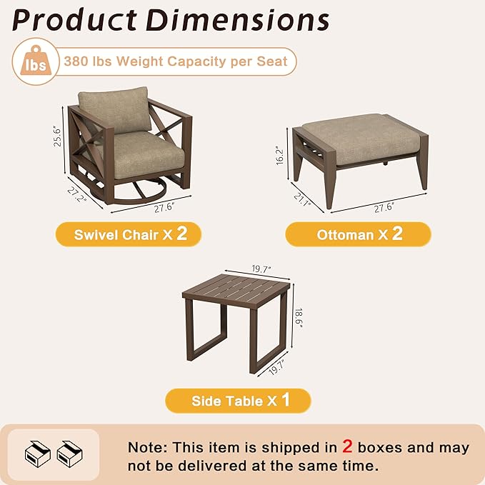 5-Piece Aluminum Outdoor Swivel Rocker Chair Set, 360° Swivel and Rocking Patio Chairs with 5.2-Inch Thick Cushions and Side Table, All-Weather Conversation Sofa for Backyard, Deck, Porch, Balcony