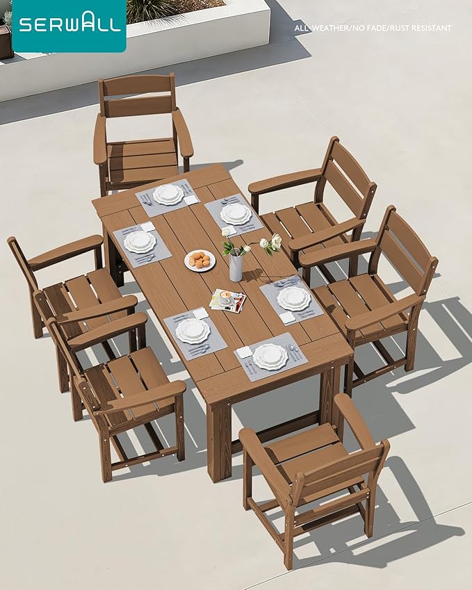 SERWALL Outdoor Dining Table Set, 67‘’ HDPE Patio Dining Set for 4, All-Weather Outdoor Table and Chairs Set for Deck, Brown