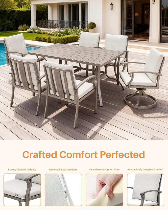 7-Piece Outdoor Dining Set, Never-Rust Aluminum Patio Dining Set, Patio Table Furniture Sets with Cushions, 4 Dining Chairs, and 2 Swivel Chairs for Deck, Garden, Backyard, Limed Oak