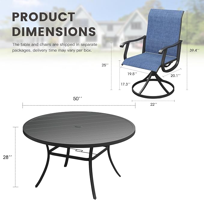 Outdoor Dining Set for 6, 50" Metal Round Outdoor Dining Table with Umbrella Hole and Sling Patio Swivel Chairs, 7 Pieces Patio Table and Chairs Set for Garden Backyard, Dark Blue and Black