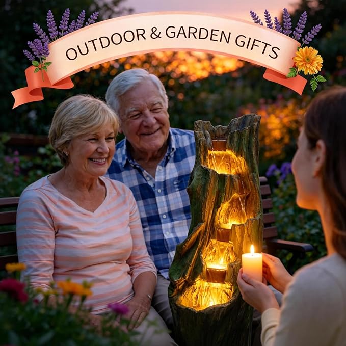 Water Fountain Outdoor Cascading Waterfall Feature with Energy-Efficient LED Lights, Easy Setup for Patio Garden Backyard Relaxation, for Housewarming & Garden Lovers