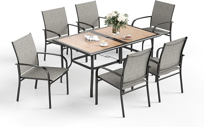 SUNSHINE VALLEY 7 Pcs Patio Dining Set for 6, Rectangular Metal Dining Table (PVC Table Top) with Umbrella Hole and 6 Chairs, Outdoor Dining Set for Lawn Garden Deck, Brown