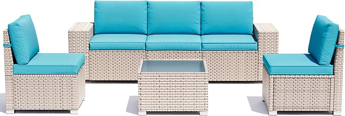 6 Pieces Patio Furniture Set, Outdoor Sectional Wicker Sofa with Thickened Cushions and Coffee Table, High Back Rattan Patio Conversation Sets for Garden Backyard, Cyan