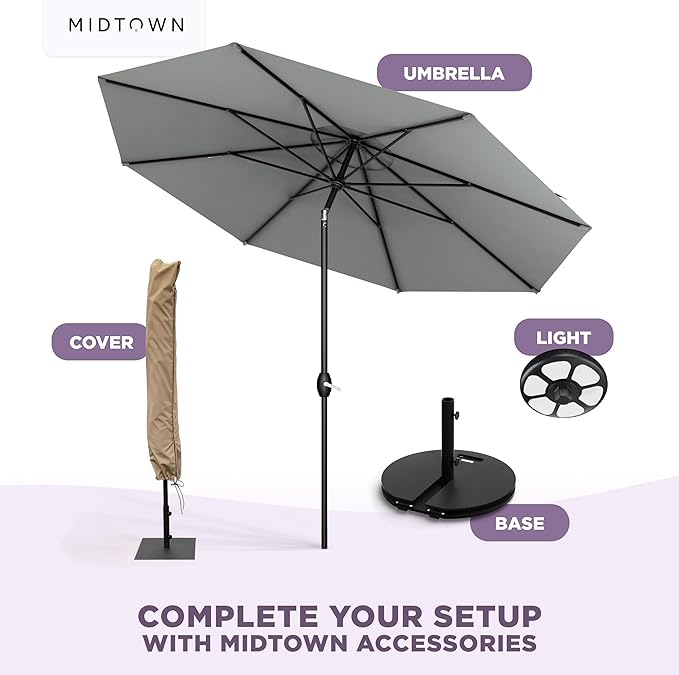 Midtown Umbrellas - 10-Year-No-Fade 10 Ft Patio Umbrella with Terylast Fabric, Auto-Tilt Aluminum Frame and 8 Reinforced Ribs for Deck, Pool, Garden & Beach - Matter Grey Canopy, Black Pole
