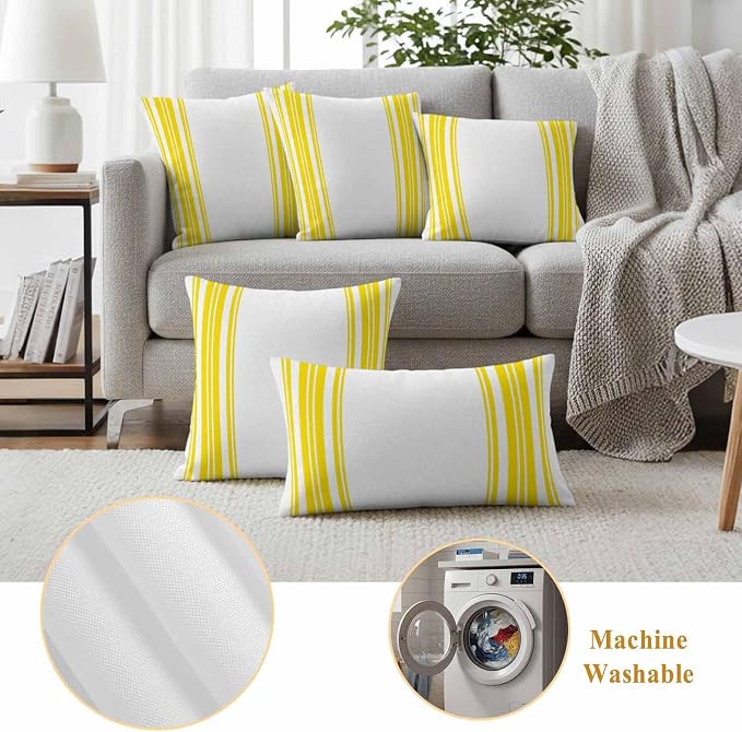 Outdoor Waterproof Throw Pillow Covers Set of 2 Yellow Stripes Pillowcases 26x26 Inches White Vertical Striped Decorative Pillows Cushion Case Patio Pillows for Couch Bed Chair Garden